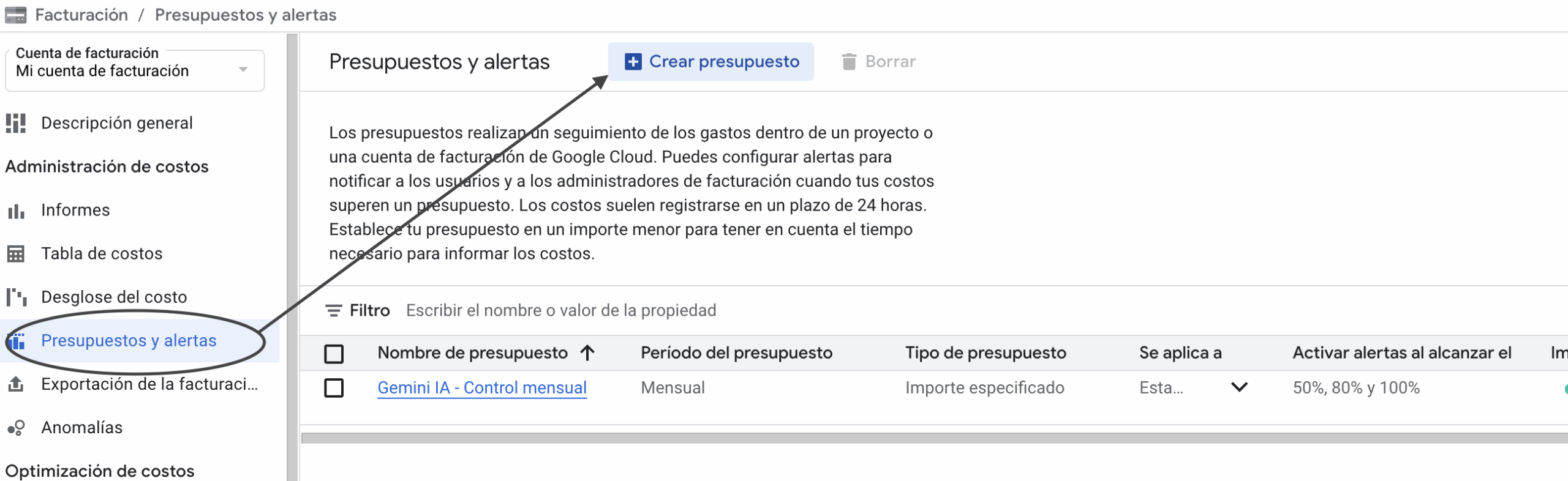 Configuración de presupuesto y alertas en Google Cloud para Gemini