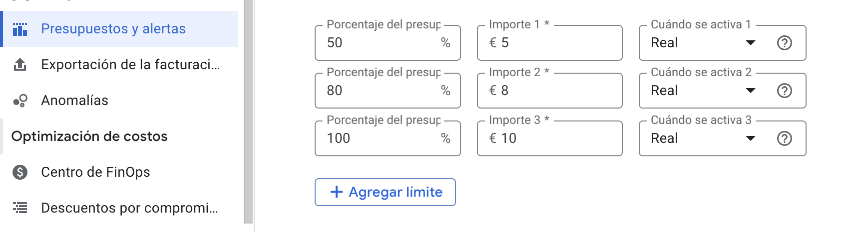 Configuración de porcentajes de alerta en Google Cloud para controlar el gasto en Gemini