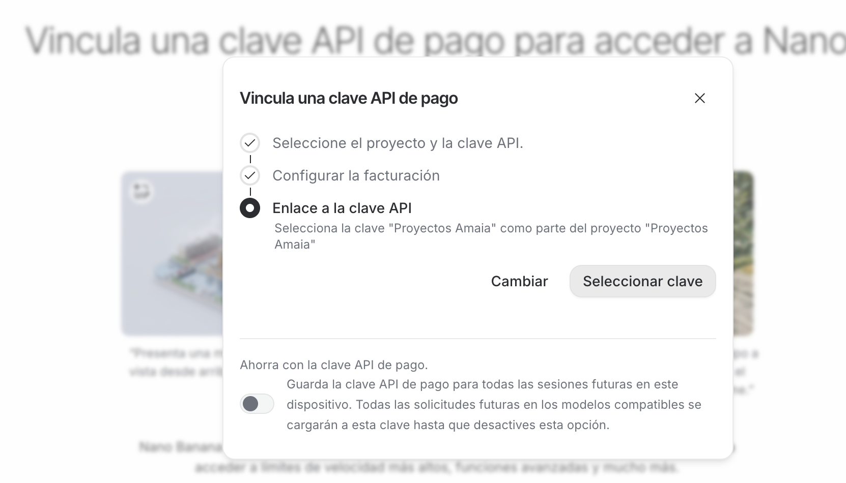 Pantalla para vincular una clave API de pago en Gemini